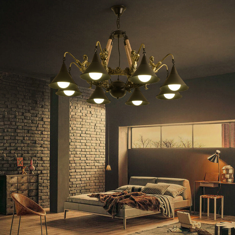 Industrial Bell Chandelier Light 6/8 Bulbs Metal and Rope Suspension Light with Mermaid Deco in Black Clearhalo 'Cast Iron' 'Ceiling Lights' 'Chandeliers' 'Industrial Chandeliers' 'Industrial' 'Metal' 'Middle Century Chandeliers' 'Rustic Chandeliers' 'Tiffany' Lighting' 158162