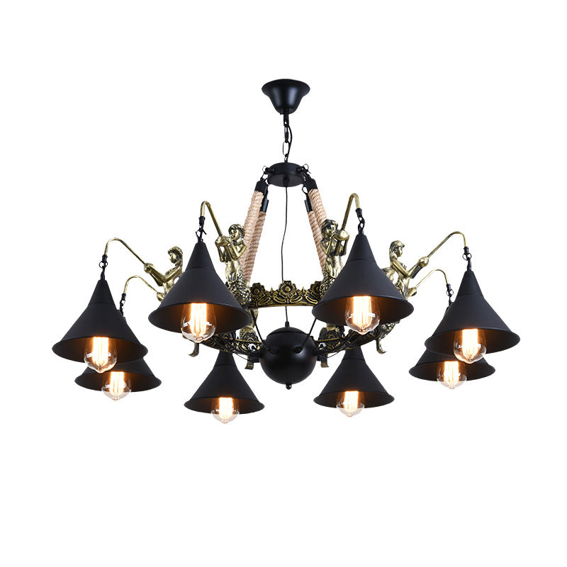 Industrial Bell Chandelier Light 6/8 Bulbs Metal and Rope Suspension Light with Mermaid Deco in Black Clearhalo 'Cast Iron' 'Ceiling Lights' 'Chandeliers' 'Industrial Chandeliers' 'Industrial' 'Metal' 'Middle Century Chandeliers' 'Rustic Chandeliers' 'Tiffany' Lighting' 158163
