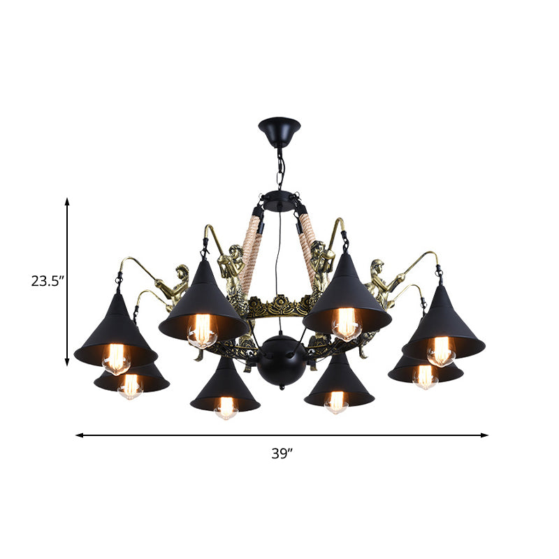 Industrial Bell Chandelier Light 6/8 Bulbs Metal and Rope Suspension Light with Mermaid Deco in Black Clearhalo 'Cast Iron' 'Ceiling Lights' 'Chandeliers' 'Industrial Chandeliers' 'Industrial' 'Metal' 'Middle Century Chandeliers' 'Rustic Chandeliers' 'Tiffany' Lighting' 158164