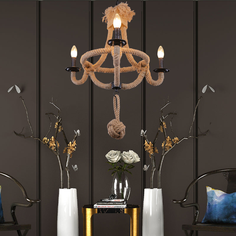 3 Heads Bowl Cage Hanging Light Country Style Brown Rope Hanging Lamp with Open Bulb for Restaurant Brown Clearhalo 'Ceiling Lights' 'Chandeliers' Lighting' options 158179_22ce3b1b-8a98-4077-81af-7e4c45bfa4d9