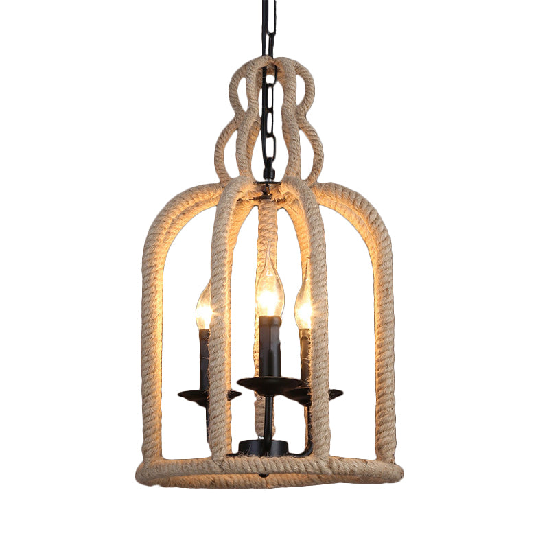 3 Heads Pendant Light Fixture Retro Style Birdcage Rope Hanging Lamp in Brown for Dining Room Clearhalo 'Ceiling Lights' 'Chandeliers' 'Industrial Chandeliers' 'Industrial' 'Middle Century Chandeliers' 'Tiffany' Lighting' 158192