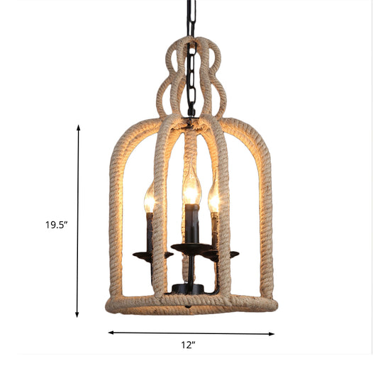 3 Heads Pendant Light Fixture Retro Style Birdcage Rope Hanging Lamp in Brown for Dining Room Clearhalo 'Ceiling Lights' 'Chandeliers' 'Industrial Chandeliers' 'Industrial' 'Middle Century Chandeliers' 'Tiffany' Lighting' 158193