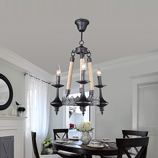 Retro Industrial Exposed Bulb Hanging Pendant 3/6 Heads Metal Ceiling Fixture with Rope for Living Room 3 Black Clearhalo 'Cast Iron' 'Ceiling Lights' 'Chandeliers' 'Industrial Chandeliers' 'Industrial' 'Metal' 'Middle Century Chandeliers' 'Rustic Chandeliers' 'Tiffany' Lighting' 158219