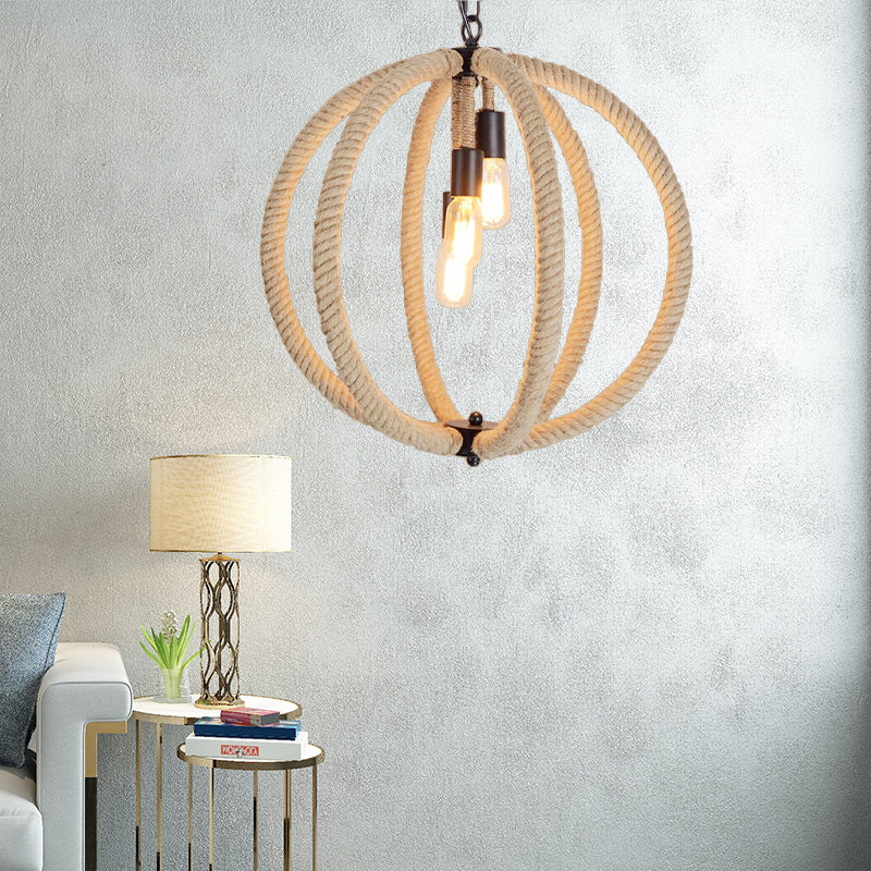 Orb Shade Hallway Chandelier Hanging Light Retro Style Hemp Rope 3 Lights Beige Ceiling Lamp Beige Clearhalo 'Ceiling Lights' 'Chandeliers' Lighting' options 158235_cddfdaa1-c07e-4a58-b74a-06c2bef2c276