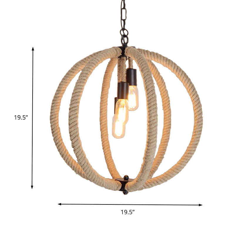 Orb Shade Hallway Chandelier Hanging Light Retro Style Hemp Rope 3 Lights Beige Ceiling Lamp Clearhalo 'Ceiling Lights' 'Chandeliers' Lighting' options 158238