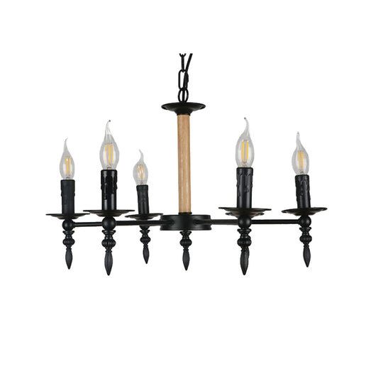 Black Finish Candle Chandelier Lamp Antique Metal and Wood 6 Heads Restaurant Chandelier Pendant Light Clearhalo 'Cast Iron' 'Ceiling Lights' 'Chandeliers' 'Industrial Chandeliers' 'Industrial' 'Metal' 'Middle Century Chandeliers' 'Rustic Chandeliers' 'Tiffany' Lighting' 158277