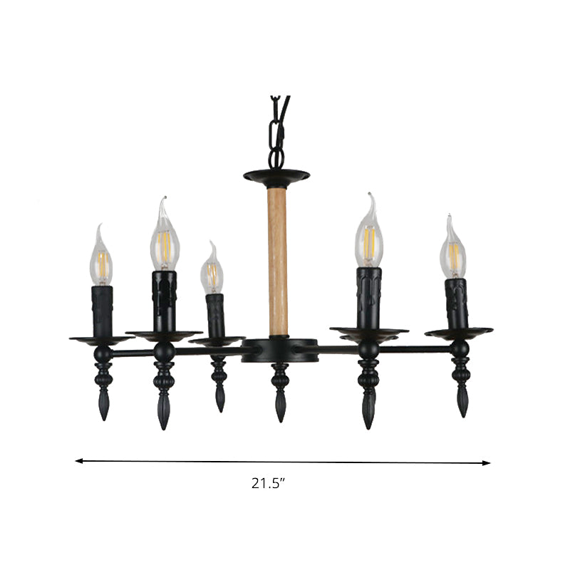 Black Finish Candle Chandelier Lamp Antique Metal and Wood 6 Heads Restaurant Chandelier Pendant Light Clearhalo 'Cast Iron' 'Ceiling Lights' 'Chandeliers' 'Industrial Chandeliers' 'Industrial' 'Metal' 'Middle Century Chandeliers' 'Rustic Chandeliers' 'Tiffany' Lighting' 158278