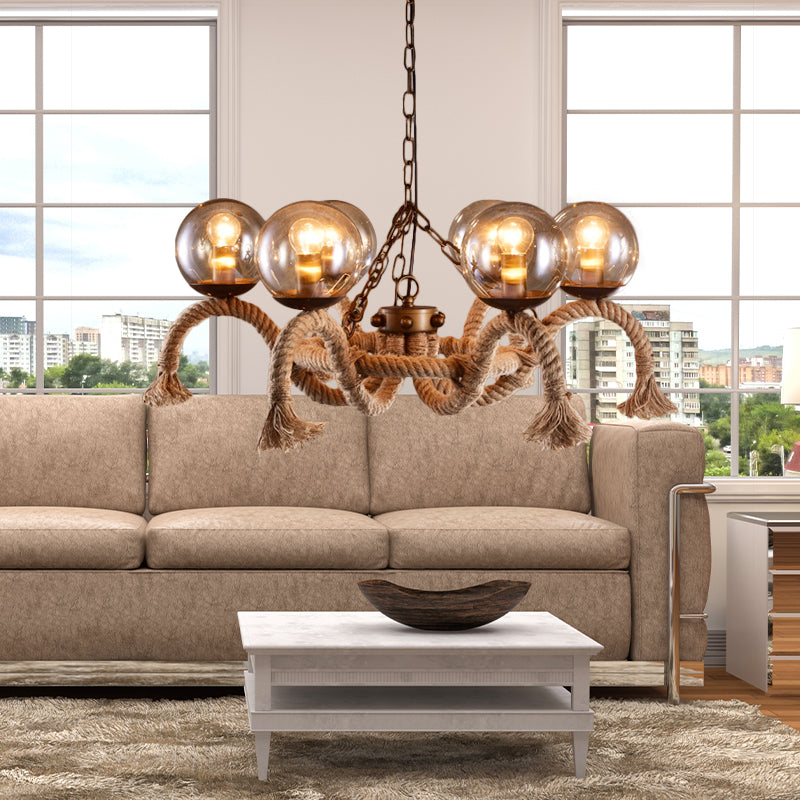 6 Lights Global Chandelier Lighting Retro Rust Finish Rope Suspension Light with Smoke Grey Glass Shade Rust Clearhalo 'Ceiling Lights' 'Chandeliers' 'Industrial Chandeliers' 'Industrial' 'Middle Century Chandeliers' 'Tiffany' Lighting' 158291