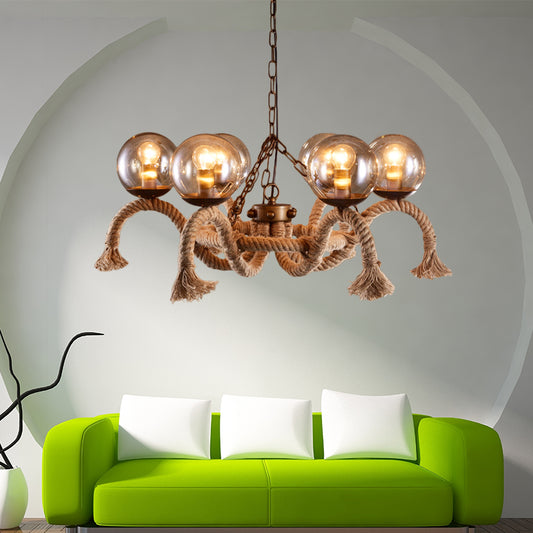 6 Lights Global Chandelier Lighting Retro Rust Finish Rope Suspension Light with Smoke Grey Glass Shade Clearhalo 'Ceiling Lights' 'Chandeliers' 'Industrial Chandeliers' 'Industrial' 'Middle Century Chandeliers' 'Tiffany' Lighting' 158292