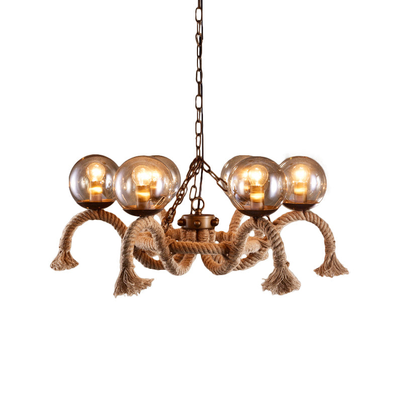 6 Lights Global Chandelier Lighting Retro Rust Finish Rope Suspension Light with Smoke Grey Glass Shade Clearhalo 'Ceiling Lights' 'Chandeliers' 'Industrial Chandeliers' 'Industrial' 'Middle Century Chandeliers' 'Tiffany' Lighting' 158293