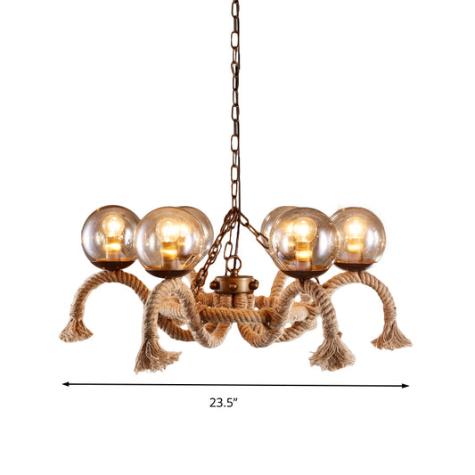 6 Lights Global Chandelier Lighting Retro Rust Finish Rope Suspension Light with Smoke Grey Glass Shade Clearhalo 'Ceiling Lights' 'Chandeliers' 'Industrial Chandeliers' 'Industrial' 'Middle Century Chandeliers' 'Tiffany' Lighting' 158294