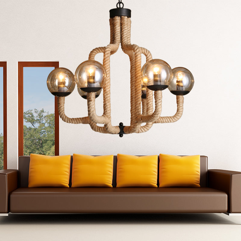 Brown Roped Caged Ceiling Pendant Light Vintage 6 Lights Restaurant Chandelier Lamp with Glass Ball Shade Brown Clearhalo 'Ceiling Lights' 'Chandeliers' 'Industrial Chandeliers' 'Industrial' 'Middle Century Chandeliers' 'Tiffany' Lighting' 158295