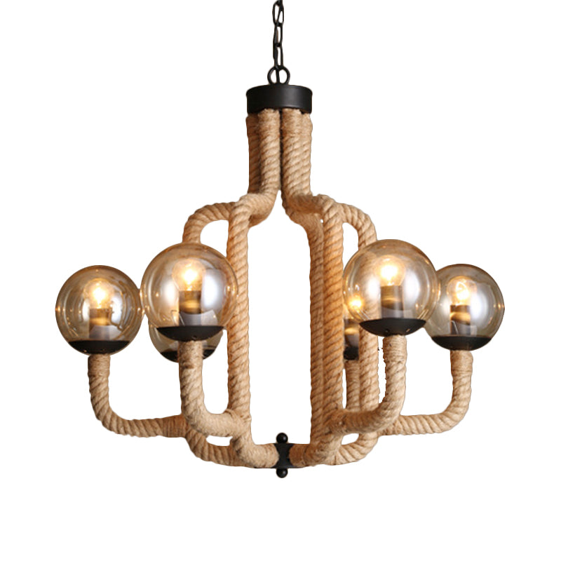 Brown Roped Caged Ceiling Pendant Light Vintage 6 Lights Restaurant Chandelier Lamp with Glass Ball Shade Clearhalo 'Ceiling Lights' 'Chandeliers' 'Industrial Chandeliers' 'Industrial' 'Middle Century Chandeliers' 'Tiffany' Lighting' 158297