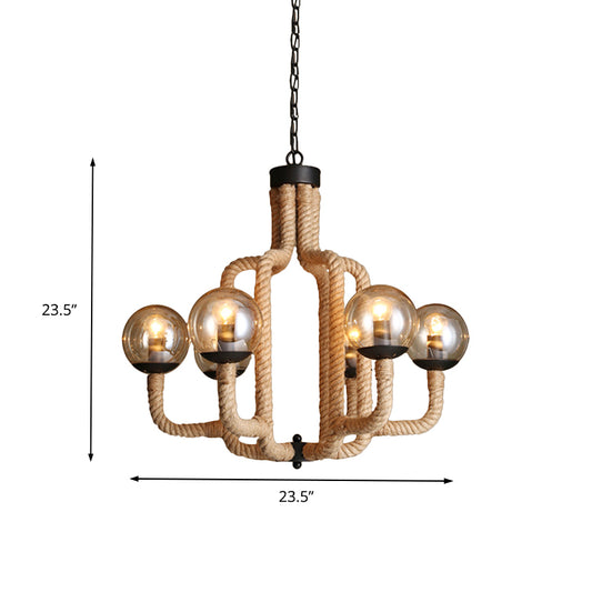 Brown Roped Caged Ceiling Pendant Light Vintage 6 Lights Restaurant Chandelier Lamp with Glass Ball Shade Clearhalo 'Ceiling Lights' 'Chandeliers' 'Industrial Chandeliers' 'Industrial' 'Middle Century Chandeliers' 'Tiffany' Lighting' 158298