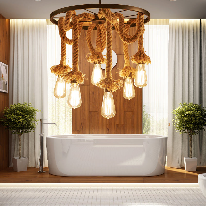 Wheel Metal Hanging Lamp Retro Style 6 Lights Hallway Ceiling Light with Adjustable Rope in Brown Clearhalo 'Ceiling Lights' 'Chandeliers' 'Industrial Chandeliers' 'Industrial' 'Middle Century Chandeliers' 'Tiffany' Lighting' 158310