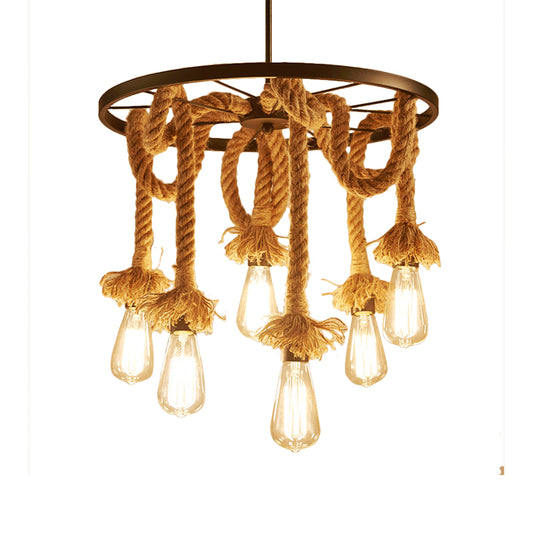 Wheel Metal Hanging Lamp Retro Style 6 Lights Hallway Ceiling Light with Adjustable Rope in Brown Clearhalo 'Ceiling Lights' 'Chandeliers' 'Industrial Chandeliers' 'Industrial' 'Middle Century Chandeliers' 'Tiffany' Lighting' 158311