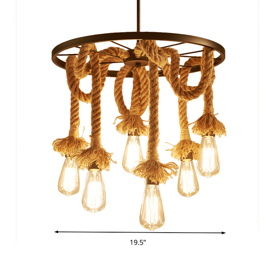 Wheel Metal Hanging Lamp Retro Style 6 Lights Hallway Ceiling Light with Adjustable Rope in Brown Clearhalo 'Ceiling Lights' 'Chandeliers' 'Industrial Chandeliers' 'Industrial' 'Middle Century Chandeliers' 'Tiffany' Lighting' 158312