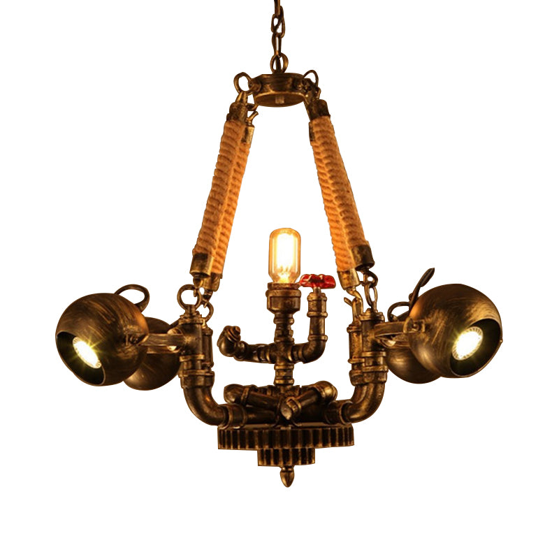 5 Lights Ball Chandelier Lighting with Global Shade Retro Bronze Metal and Rope Hanging Pendant for Bar Clearhalo 'Cast Iron' 'Ceiling Lights' 'Chandeliers' 'Industrial Chandeliers' 'Industrial' 'Metal' 'Middle Century Chandeliers' 'Rustic Chandeliers' 'Tiffany' Lighting' 158315