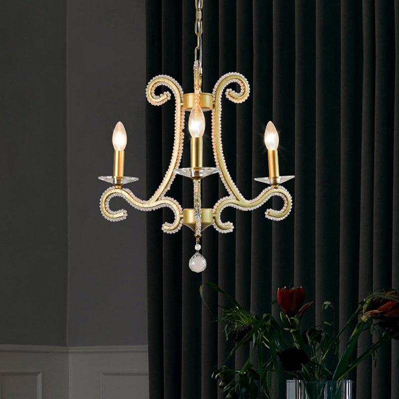 Traditional Candlestick Chandelier 3/6 Heads Crystal Beaded Suspension Lighting with Scroll Arm in Gold Clearhalo 'Ceiling Lights' 'Chandeliers' Lighting' options 1583263