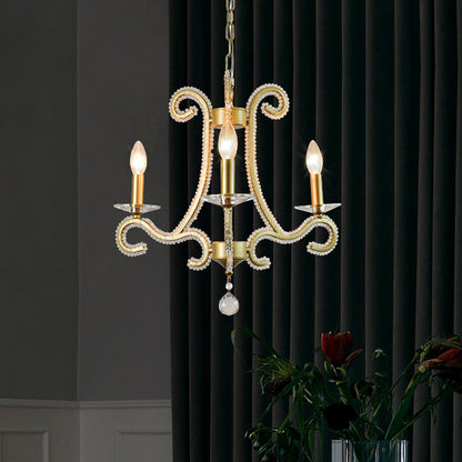Traditional Candlestick Chandelier 3/6 Heads Crystal Beaded Suspension Lighting with Scroll Arm in Gold 3 Gold Clearhalo 'Ceiling Lights' 'Chandeliers' Lighting' options 1583263_aa55d569-19cf-4e74-b797-14d230a55876