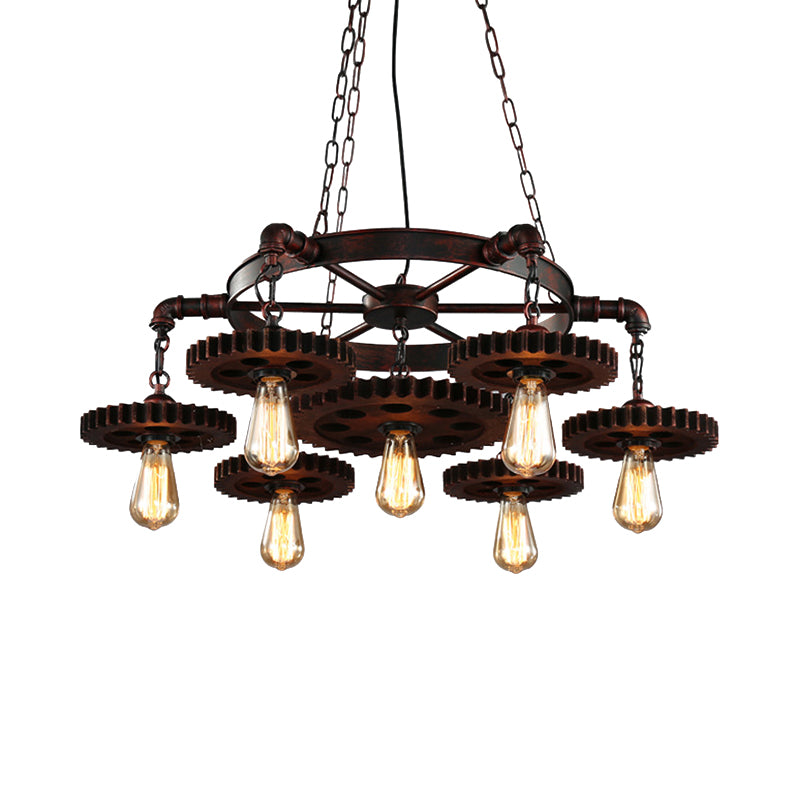 Gear Design Wrought Iron Chandelier Light Retro Style 7 Heads Living Room Pendant Lamp in Rust Clearhalo 'Cast Iron' 'Ceiling Lights' 'Chandeliers' 'Industrial Chandeliers' 'Industrial' 'Metal' 'Middle Century Chandeliers' 'Rustic Chandeliers' 'Tiffany' Lighting' 158333