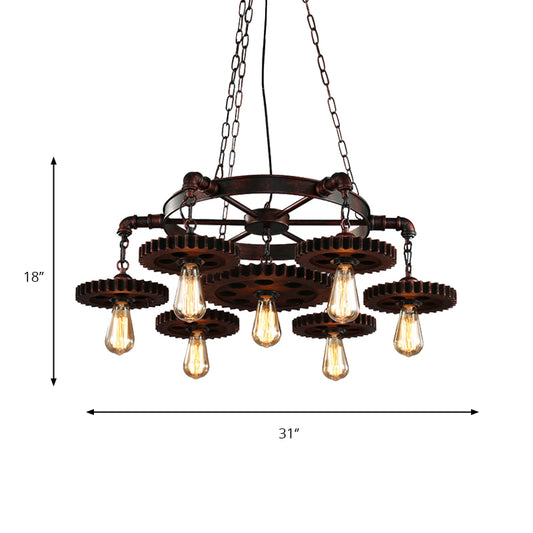 Gear Design Wrought Iron Chandelier Light Retro Style 7 Heads Living Room Pendant Lamp in Rust Clearhalo 'Cast Iron' 'Ceiling Lights' 'Chandeliers' 'Industrial Chandeliers' 'Industrial' 'Metal' 'Middle Century Chandeliers' 'Rustic Chandeliers' 'Tiffany' Lighting' 158334