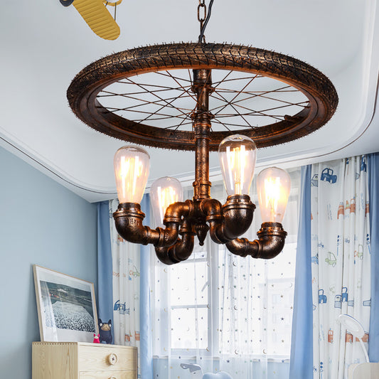 Wheel Design Living Room Chandelier Lamp Vintage Style Metal 4 Lights Rust Pendant Light with Pipe Rust Clearhalo 'Cast Iron' 'Ceiling Lights' 'Chandeliers' 'Industrial Chandeliers' 'Industrial' 'Metal' 'Middle Century Chandeliers' 'Rustic Chandeliers' 'Tiffany' Lighting' 158340