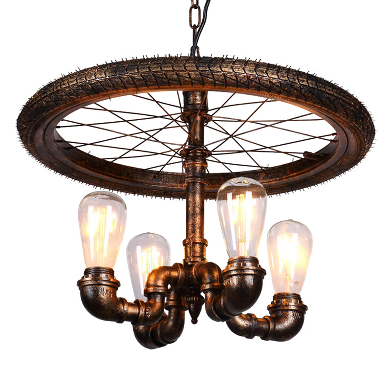 Wheel Design Living Room Chandelier Lamp Vintage Style Metal 4 Lights Rust Pendant Light with Pipe Clearhalo 'Cast Iron' 'Ceiling Lights' 'Chandeliers' 'Industrial Chandeliers' 'Industrial' 'Metal' 'Middle Century Chandeliers' 'Rustic Chandeliers' 'Tiffany' Lighting' 158342