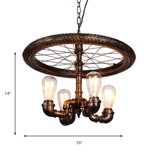 Wheel Design Living Room Chandelier Lamp Vintage Style Metal 4 Lights Rust Pendant Light with Pipe Clearhalo 'Cast Iron' 'Ceiling Lights' 'Chandeliers' 'Industrial Chandeliers' 'Industrial' 'Metal' 'Middle Century Chandeliers' 'Rustic Chandeliers' 'Tiffany' Lighting' 158343