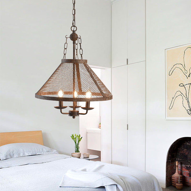 Antique Mesh Flared Pendant Light with Candle 3 Lights Metal Chandelier Lamp in Dark Rust for Dining Room Rust Clearhalo 'Ceiling Lights' 'Chandeliers' Lighting' options 158344_abe5b0e3-20e4-400c-b1af-cebfb01a062d