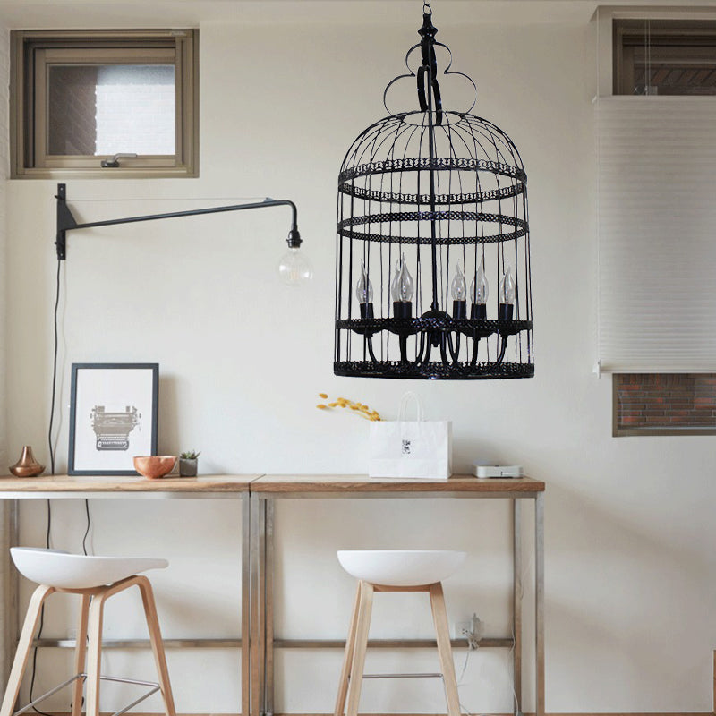 3/6 Bulbs Bird Cage Hanging Light with Candle Creative Industrial Style Black Metallic Chandelier Lamp for Bedroom 6 Black Clearhalo 'Cast Iron' 'Ceiling Lights' 'Chandeliers' 'Industrial Chandeliers' 'Industrial' 'Metal' 'Middle Century Chandeliers' 'Rustic Chandeliers' 'Tiffany' Lighting' 158348