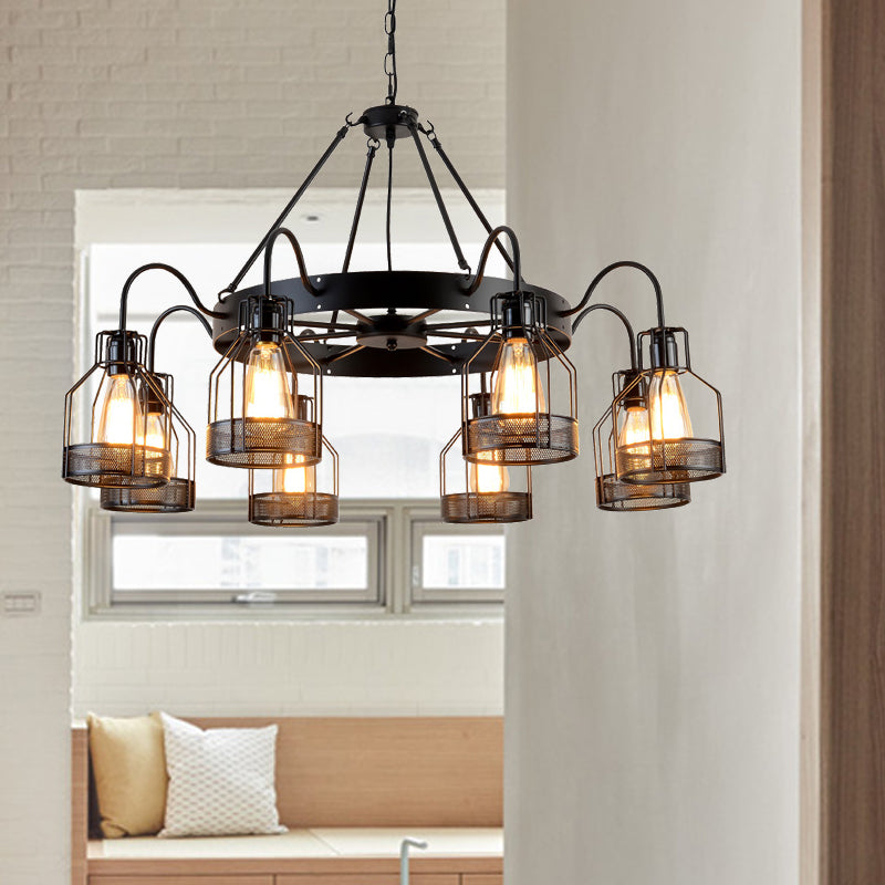 6/8 Heads Bell Hanging Lamp with Cage Style Frame Farmhouse Black Metal Chandelier Light Fixture Clearhalo 'Cast Iron' 'Ceiling Lights' 'Chandeliers' 'Industrial Chandeliers' 'Industrial' 'Metal' 'Middle Century Chandeliers' 'Rustic Chandeliers' 'Tiffany' Lighting' 158378