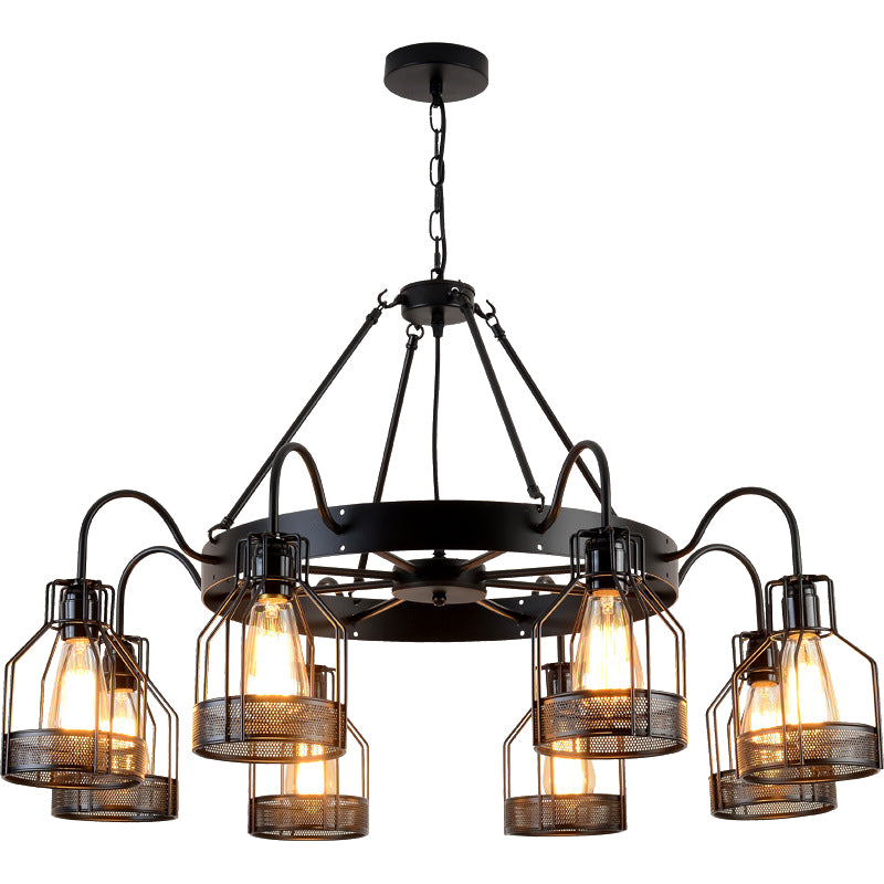 6/8 Heads Bell Hanging Lamp with Cage Style Frame Farmhouse Black Metal Chandelier Light Fixture Clearhalo 'Cast Iron' 'Ceiling Lights' 'Chandeliers' 'Industrial Chandeliers' 'Industrial' 'Metal' 'Middle Century Chandeliers' 'Rustic Chandeliers' 'Tiffany' Lighting' 158379