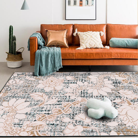Whitewash Floral Print Rug with Leaf Pink Shabby Chic Rug Polyester Washable Anti-Slip Backing Area Rug for Bedroom
