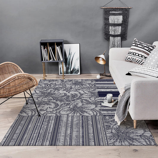 Shabby Chic Flower Pattern Rug with Stripe Dark Grey Polyester Rug Machine Washable Non-Slip Area Rug for Living Room Dark Gray Clearhalo 'Area Rug' 'Rugs' 'Shabby Chic' Rug' 1584171