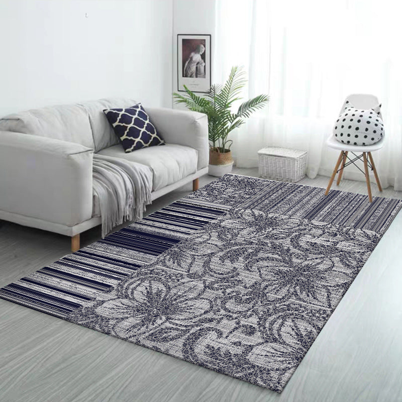 Shabby Chic Flower Pattern Rug with Stripe Dark Grey Polyester Rug Machine Washable Non-Slip Area Rug for Living Room Clearhalo 'Area Rug' 'Rugs' 'Shabby Chic' Rug' 1584172