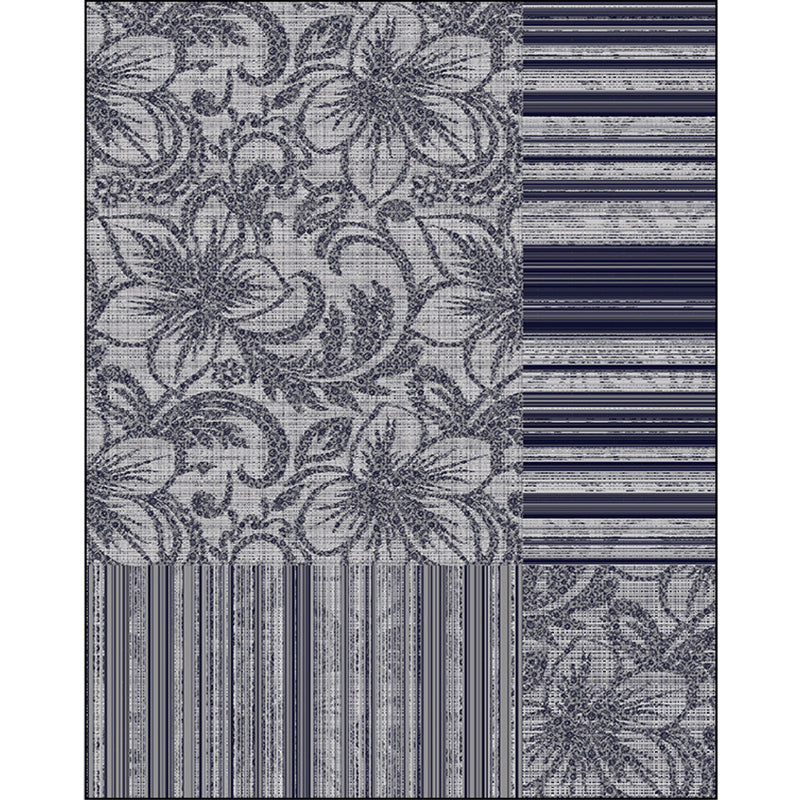 Shabby Chic Flower Pattern Rug with Stripe Dark Grey Polyester Rug Machine Washable Non-Slip Area Rug for Living Room Clearhalo 'Area Rug' 'Rugs' 'Shabby Chic' Rug' 1584173