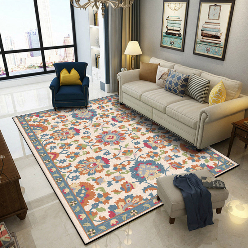 Persian Moroccan Rug in Ivory and Grey Flower Leaf Motif Pattern Rug Polyester Washable Carpet for Home Decoration Beige Clearhalo 'Area Rug' 'Moroccan' 'Rugs' Rug' 1584340