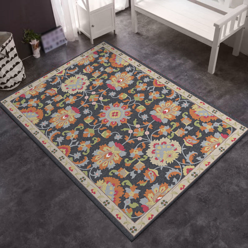 Persian Moroccan Rug in Ivory and Grey Flower Leaf Motif Pattern Rug Polyester Washable Carpet for Home Decoration Dark Gray Clearhalo 'Area Rug' 'Moroccan' 'Rugs' Rug' 1584348