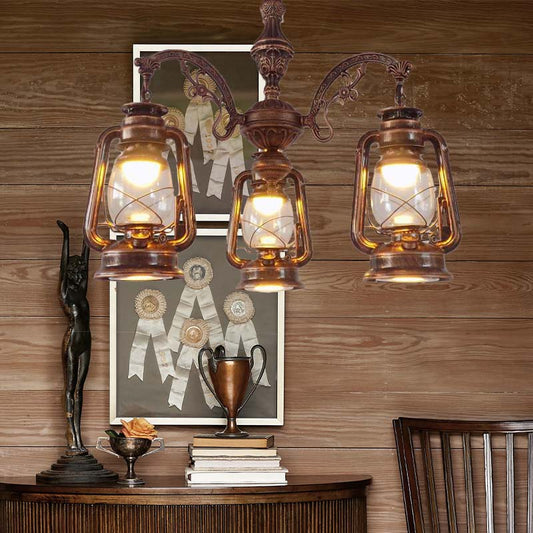 Clear Glass Black/Silver/Red Chandelier Light Lantern 3-Light Industrial Pendant Lamp for Kitchen Copper Clearhalo 'Cast Iron' 'Ceiling Lights' 'Chandeliers' 'Industrial Chandeliers' 'Industrial' 'Metal' 'Middle Century Chandeliers' 'Rustic Chandeliers' 'Tiffany' Lighting' 158440