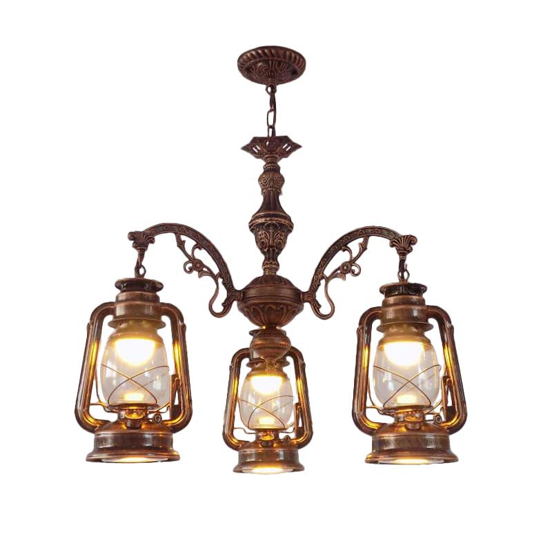 Clear Glass Black/Silver/Red Chandelier Light Lantern 3-Light Industrial Pendant Lamp for Kitchen Clearhalo 'Cast Iron' 'Ceiling Lights' 'Chandeliers' 'Industrial Chandeliers' 'Industrial' 'Metal' 'Middle Century Chandeliers' 'Rustic Chandeliers' 'Tiffany' Lighting' 158444