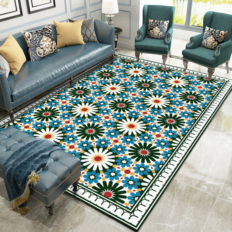 Persian Moroccan Rug in Green Geometry Floral Pattern Rug Polyester Pet Friendly Carpet for Home Decoration Blue Clearhalo 'Area Rug' 'Moroccan' 'Rugs' Rug' 1584447