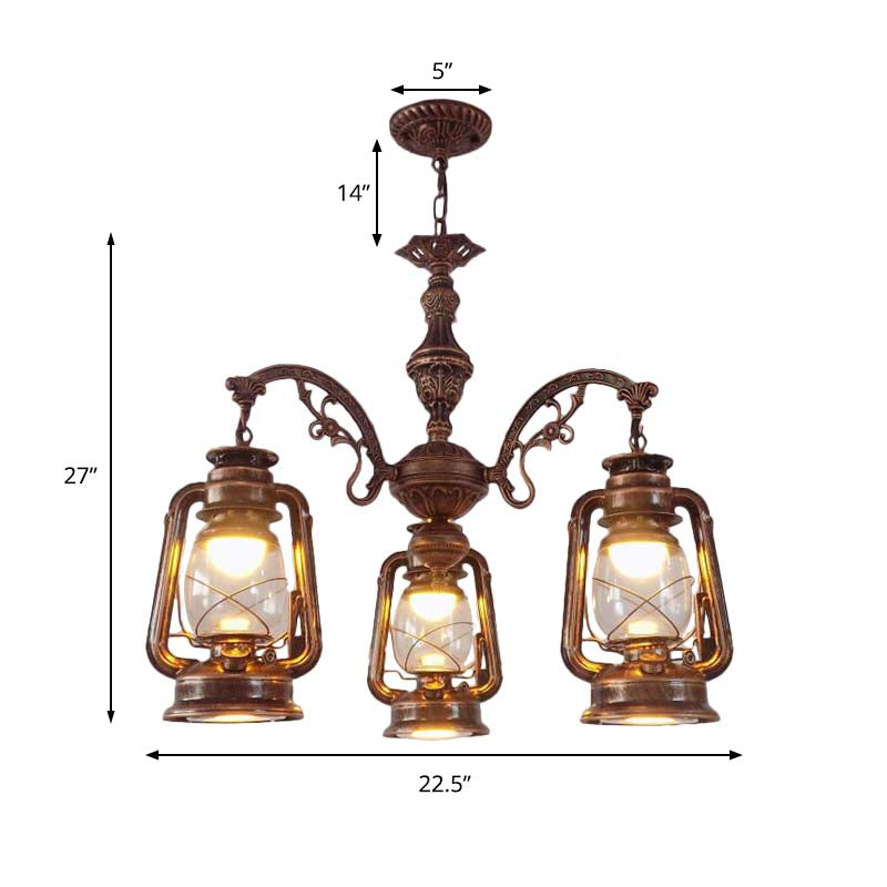 Clear Glass Black/Silver/Red Chandelier Light Lantern 3-Light Industrial Pendant Lamp for Kitchen Clearhalo 'Cast Iron' 'Ceiling Lights' 'Chandeliers' 'Industrial Chandeliers' 'Industrial' 'Metal' 'Middle Century Chandeliers' 'Rustic Chandeliers' 'Tiffany' Lighting' 158445