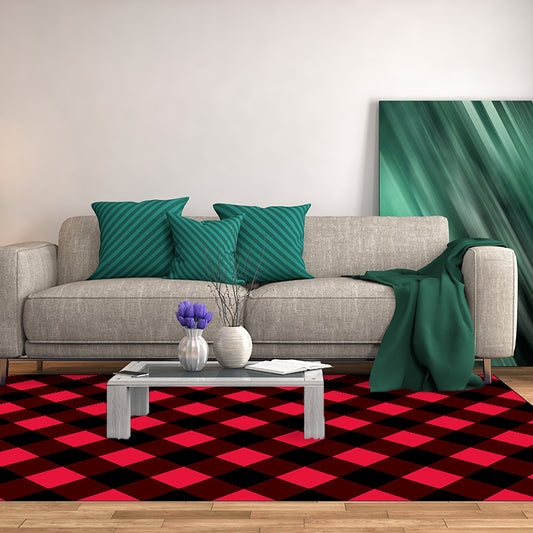 Red Bedroom Rug Modern Plaid Pattern Area Rug Polyester Non-Slip Backing Machine Washable Carpet Black Clearhalo 'Area Rug' 'Modern' 'Rugs' Rug' 1584488