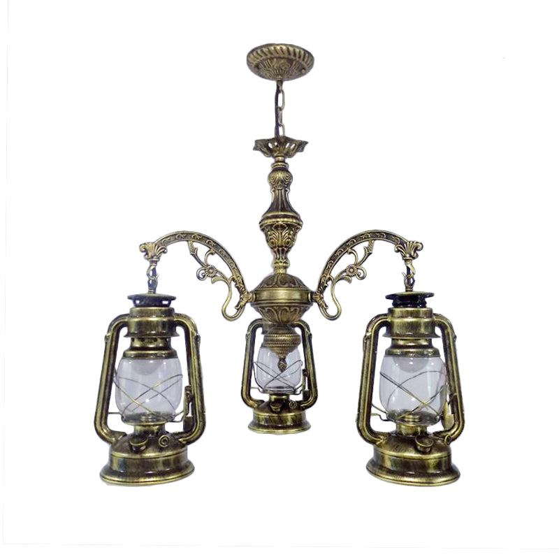 Clear Glass Black/Silver/Red Chandelier Light Lantern 3-Light Industrial Pendant Lamp for Kitchen Clearhalo 'Cast Iron' 'Ceiling Lights' 'Chandeliers' 'Industrial Chandeliers' 'Industrial' 'Metal' 'Middle Century Chandeliers' 'Rustic Chandeliers' 'Tiffany' Lighting' 158450