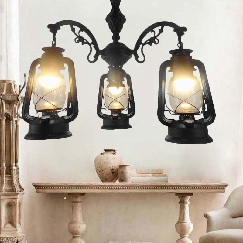 Clear Glass Black/Silver/Red Chandelier Light Lantern 3-Light Industrial Pendant Lamp for Kitchen Black Clearhalo 'Cast Iron' 'Ceiling Lights' 'Chandeliers' 'Industrial Chandeliers' 'Industrial' 'Metal' 'Middle Century Chandeliers' 'Rustic Chandeliers' 'Tiffany' Lighting' 158451