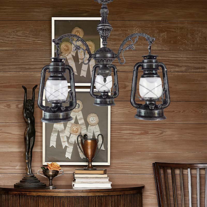 Clear Glass Black/Silver/Red Chandelier Light Lantern 3-Light Industrial Pendant Lamp for Kitchen Clearhalo 'Cast Iron' 'Ceiling Lights' 'Chandeliers' 'Industrial Chandeliers' 'Industrial' 'Metal' 'Middle Century Chandeliers' 'Rustic Chandeliers' 'Tiffany' Lighting' 158455