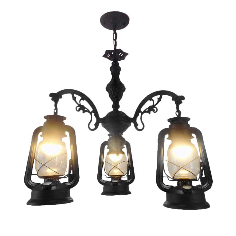 Clear Glass Black/Silver/Red Chandelier Light Lantern 3-Light Industrial Pendant Lamp for Kitchen Clearhalo 'Cast Iron' 'Ceiling Lights' 'Chandeliers' 'Industrial Chandeliers' 'Industrial' 'Metal' 'Middle Century Chandeliers' 'Rustic Chandeliers' 'Tiffany' Lighting' 158456