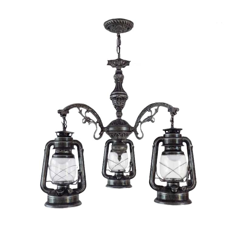Clear Glass Black/Silver/Red Chandelier Light Lantern 3-Light Industrial Pendant Lamp for Kitchen Clearhalo 'Cast Iron' 'Ceiling Lights' 'Chandeliers' 'Industrial Chandeliers' 'Industrial' 'Metal' 'Middle Century Chandeliers' 'Rustic Chandeliers' 'Tiffany' Lighting' 158466