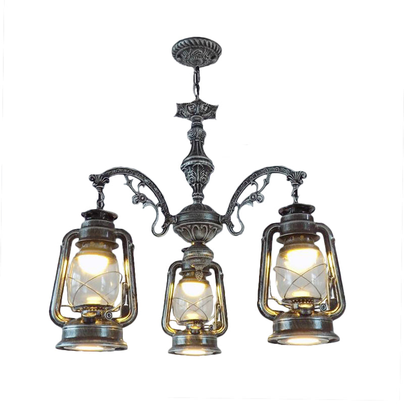 Clear Glass Black/Silver/Red Chandelier Light Lantern 3-Light Industrial Pendant Lamp for Kitchen Clearhalo 'Cast Iron' 'Ceiling Lights' 'Chandeliers' 'Industrial Chandeliers' 'Industrial' 'Metal' 'Middle Century Chandeliers' 'Rustic Chandeliers' 'Tiffany' Lighting' 158467
